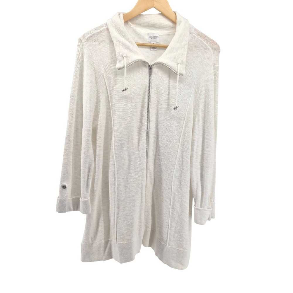 Weekends by Chicos White Knit Zip Front Cardigan Sweater Jacket Size 3‎ Travel